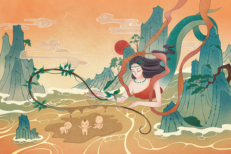 国潮风格中国神话女娲造人背景图片