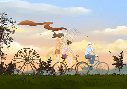 男生骑车带女生五四青年节骑行插画