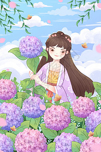 手绘中国风女孩与绣球花插画背景图片