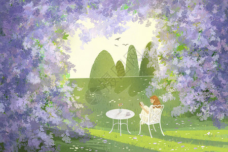 紫色紫藤花午后花园女孩插画