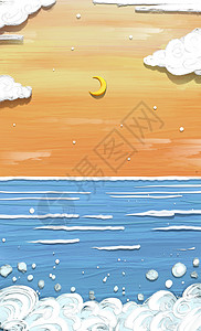 海上的月亮刮刀立体油画风海上星空插画插画
