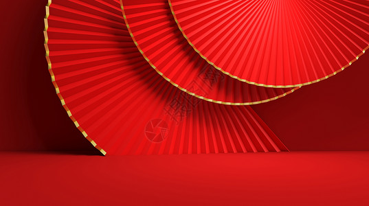 红色纸扇通用几何电商背景设计图片