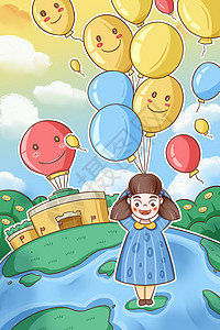 拿着镰刀地球世界微笑日地球上拿着气球的女孩插画