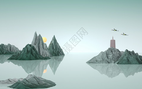3D山水新中式场景设计图片