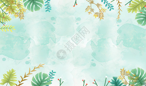蓝绿色水彩叶子夏日清新植物背景设计图片