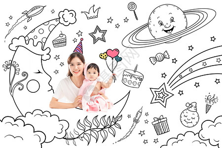儿童晚安母亲与小孩温馨亲子简笔画插画