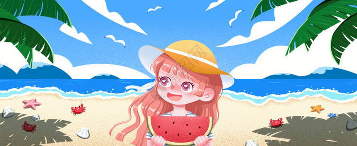 夏至海边女孩吃西瓜插画banner高清图片