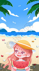 夏至海边女孩吃西瓜插画banner高清图片