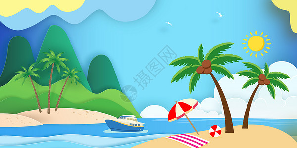 海岸海岛沙滩海湾夏日剪纸风背景设计图片