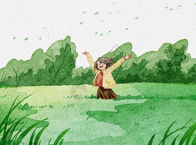 在草丛里张开双手感受夏天的女孩插画