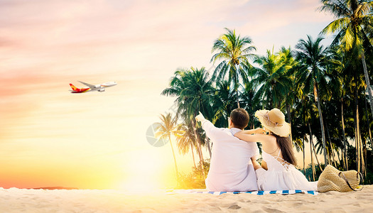 海边度假的情侣夏季旅行设计图片