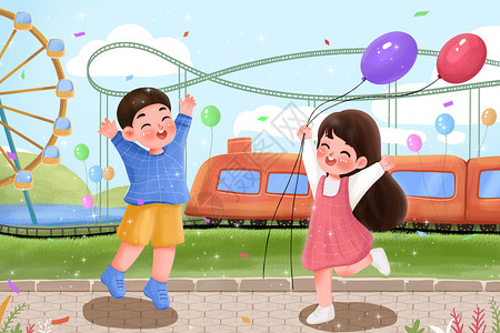 公园小火车儿童在游乐园玩耍插画