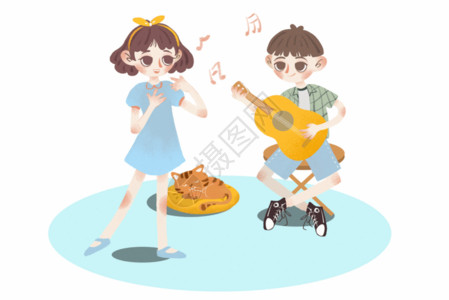 弹琴唱歌男孩情侣音乐创意插画gif动图高清图片
