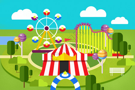 娱乐帐篷六一儿童节游乐园扁平矢量插画插画