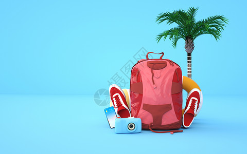 蓝色旅行包背包清凉夏天出游设计图片
