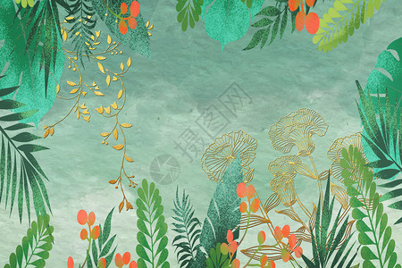 热带树叶花卉金箔植物描边设计图片
