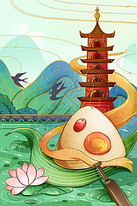端午节国潮风荷塘上的粽子和建筑插画背景图片