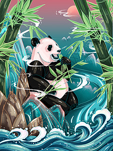 大熊猫背景海报原创中国风手绘国宝大熊猫国潮插画插画