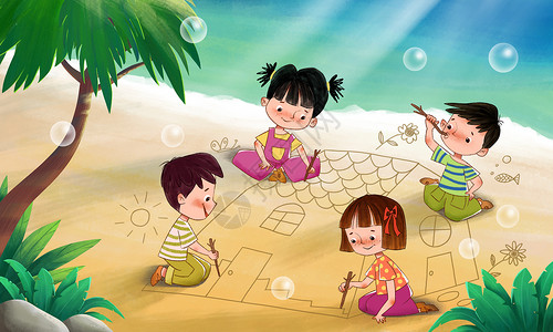 六一儿童节海边玩耍背景图片