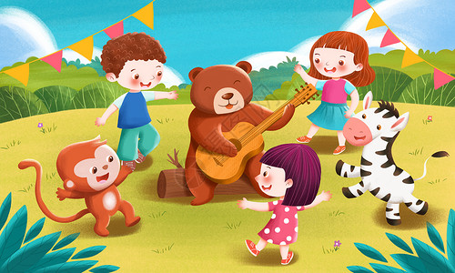 唱歌男孩女孩六一儿童节草地联欢插画