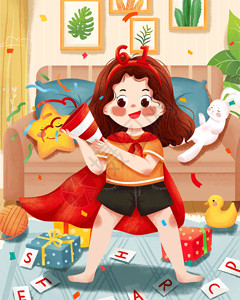 61插画海报六一儿童节拿礼炮庆祝女孩插画gif动图高清图片