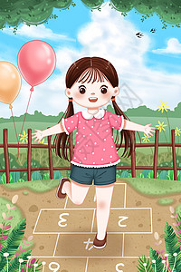 玩气球的小女孩玩跳方格的小女孩插画