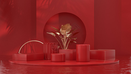 夏天装饰红色光影效果展台背景设计图片