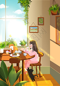 卡通儿童人物吃早餐温暖画面高清图片