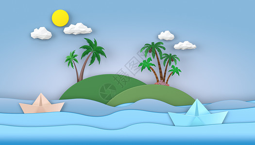 蓝色小船创意夏日场景设计图片