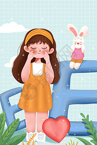 坐长椅女孩和兔子一起做眼保健操插画