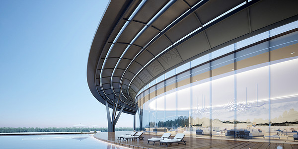 室外泳池3D现代豪华建筑设计图片