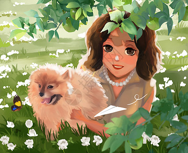 美女苹果草地上的女孩插画