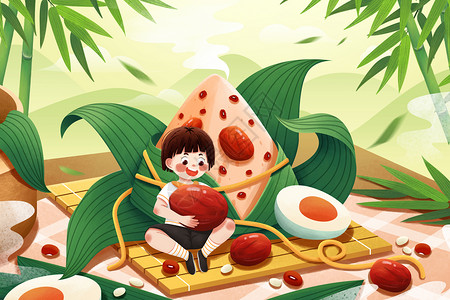 五月初五端午节吃粽子抱红枣女孩插画高清图片