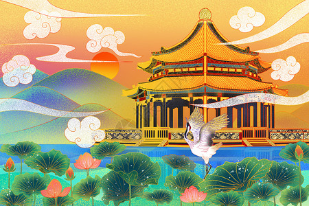 国潮鎏金荷塘建筑插画背景图片