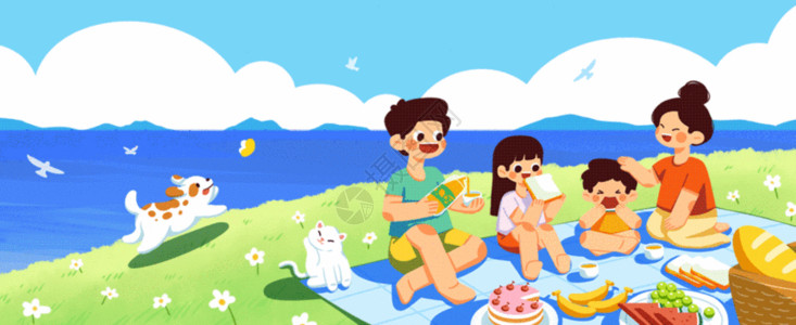 一家人郊游野餐带上孩子去郊游插画bannergif动图高清图片