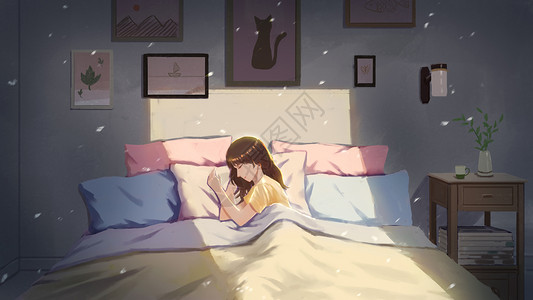 睡觉卧室熟睡的女孩插画