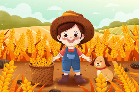麦穗和麦籽清新二十四节气芒种小麦丰收女孩与狗插画插画