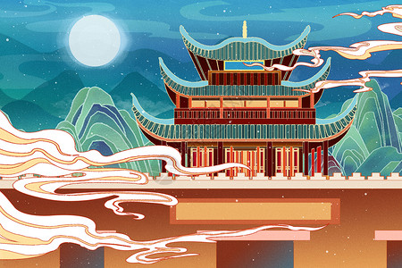 中国风国潮山水建筑插画高清图片