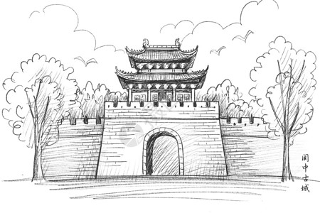 国内旅游景点速写四川阆中古城插画
