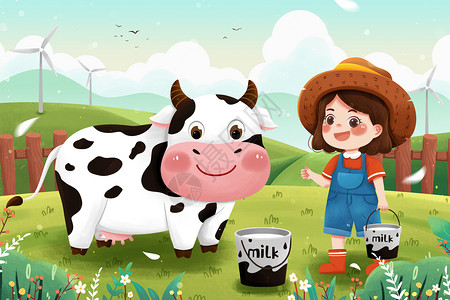 新鲜牛肝世界牛奶日牧场挤牛奶女孩与奶牛插画插画