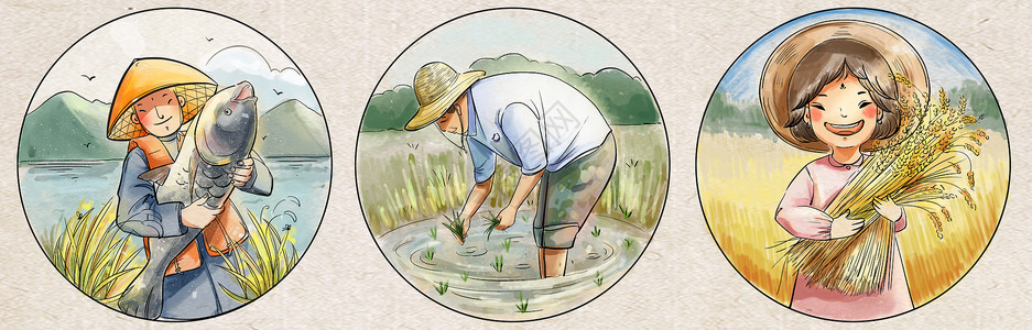 水稻播种芒种播种与丰收插画