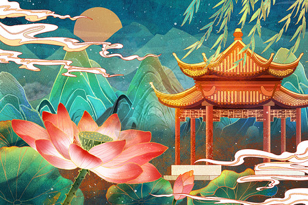 中国风国潮山水建筑凉亭荷花插画图片