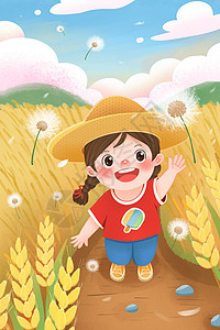 夏天芒种在麦田玩蒲公英的女孩竖图插画图片