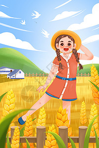 种水稻的女孩清新二十四节气芒种麦田路上女孩插画芒种麦田里的女孩插画