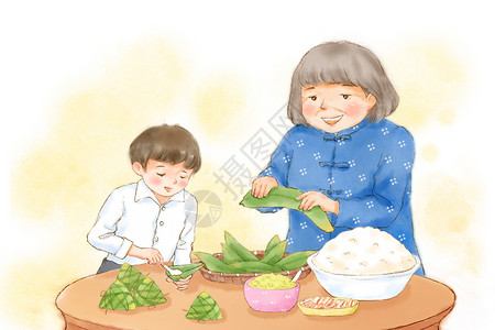 菜鸟裹裹端午和奶奶裹粽子插画