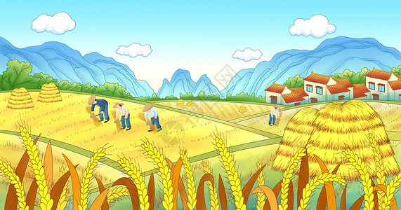 成熟麦子24节气芒种收获小麦插画