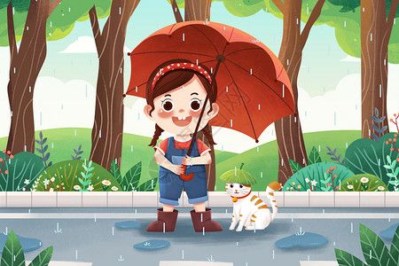 夏季雨季雨中撑伞女孩与猫插画高清图片