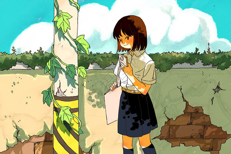 动画校园素材夏天在放学路上玩手机的女高中生插画