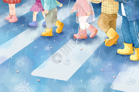 街上下雨夏天雨季下雨天过马路的孩子们插画