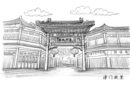 景区门口国内旅游景点天津速写津门故里插画